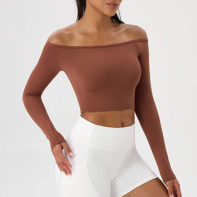 

European and American Style Yoga Long-Sleeve T-Shirt for Women, Off-Shoulder, Sexy, Tight-Fitting Gym Top, Naked-Feel Quick-Dry Sports Long-Sleeve Caramel Brown M