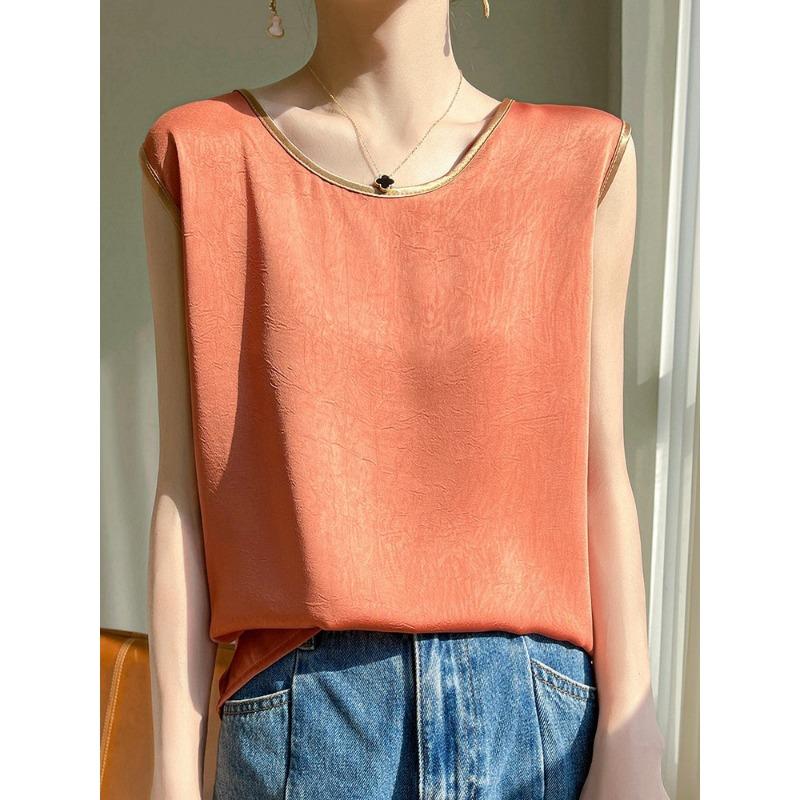 High-end Summer Style Round Neck Gold-edged Contrasting Suspender for Women Niche T-shirt for Women for Women Silky Satin Wide Shoulder Strap Vest