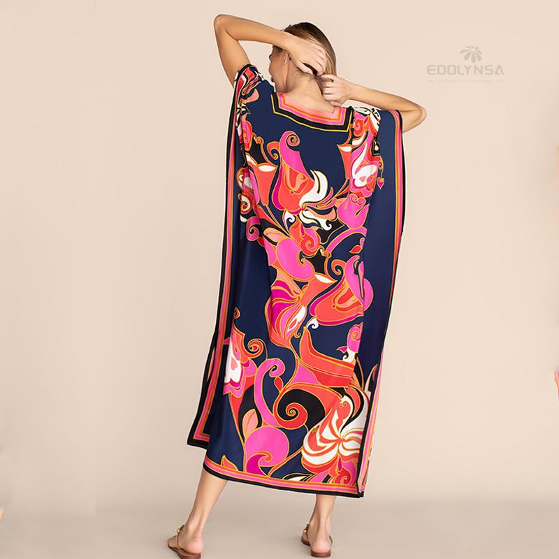 Long Kaftan Bohemian Printed Bikini Cover-ups Sexy V-neck Half Sleeve Maxi Dress Tunic Women Beach Wear Swim Suit Cover Up Q1333