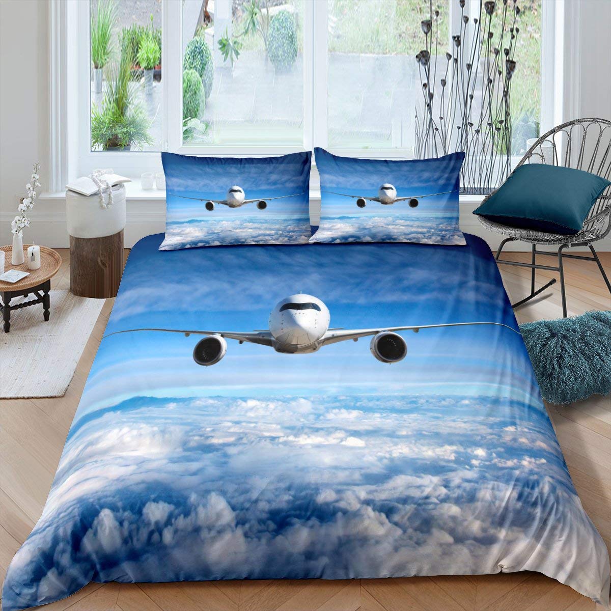 

Aircraft Duvet Cover Sets Queen King Size Airplane Pattern Bedding Set for Kids Boys Girls Aerospace Aviation Themed Quilt Cover (135x200cm)