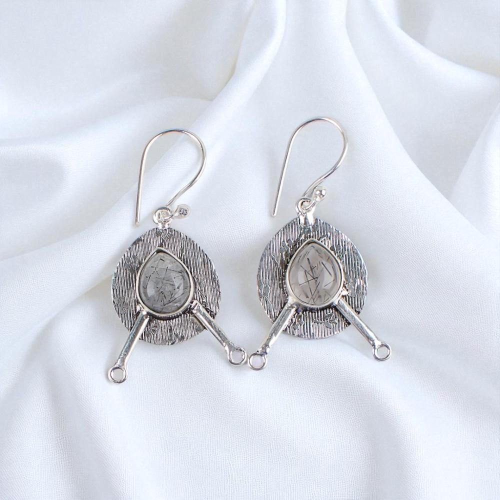 

Натуральный черный рутиловый драгоценный камень Ювелирные изделия из стерлингового серебра 925 пробы Серьги ручной работы 1,86 EE-78-22