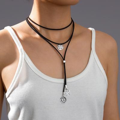 Fashion Ethnic Silver Color Disc Tassel Pendant Necklace for Women Simple Multi Layer Velvet Rope Y-Shaped Sweater Chain Jewelry