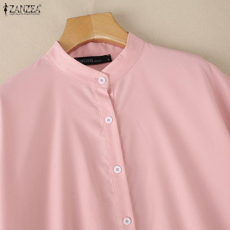 ZANZEA Women Stand Collar Summer Lace Splice Hem Loose Half Sleeve Dress
