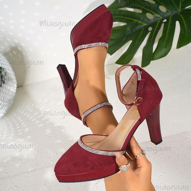 Size 34-43 Heels for Ladies Crystal Rhinestone Ankle Strap Platform Sandals Suede Leather High Heel Women's Dress Shoes Elegant