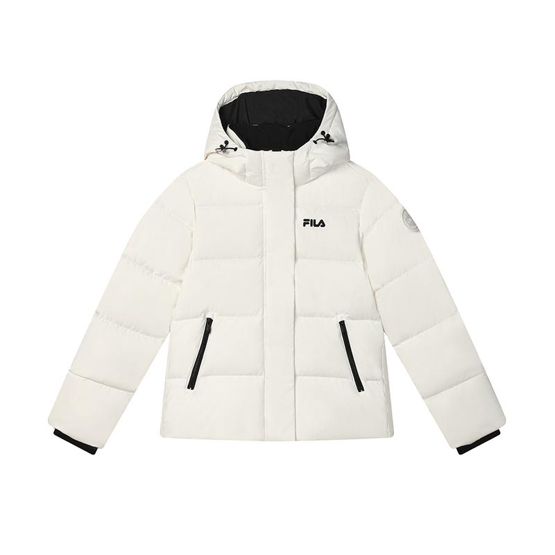 Fila Heritage Warm Versatile Solid Color Logo Hooded Long Sleeve Down Jacket Women Outerwear Cloud-Mushroom-White F11W448901FWT