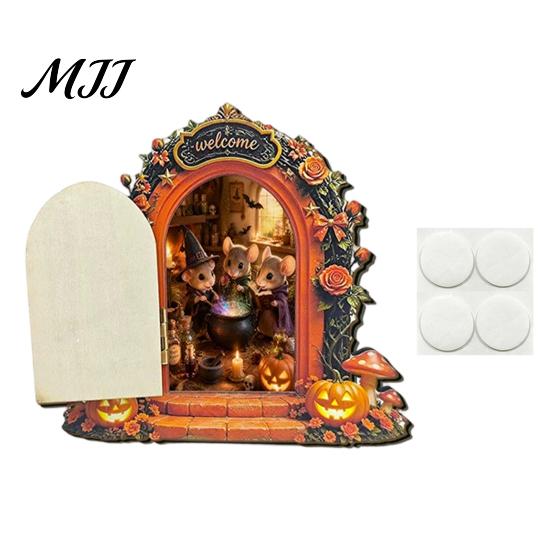 Unique Halloween Shelf Decor Mouse Hole Wall Decoration, Retro Arched Fairy Door with Pumpkin Cute Room Accessories & Flower Decor, Miniature Openable