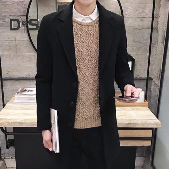 Men Fall Winter Coat Solid Color Lapel Mid Length Long Sleeve Cardigan Single Breasted Anti Wrinkle Business Formal Style Coat