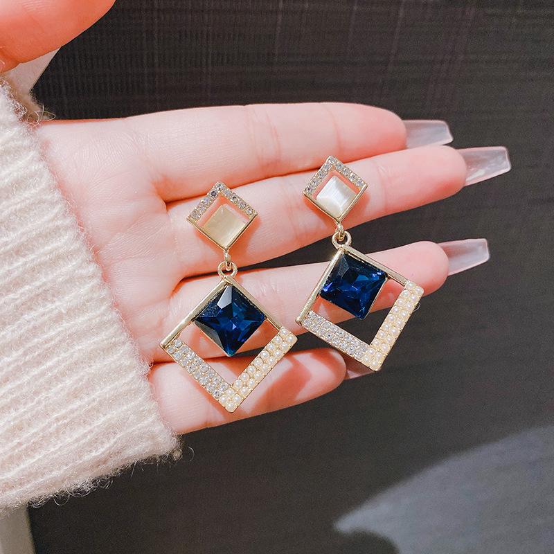 S925 Sterling Silver Cat s Eye Rectangular Earrings with Blue Crystal Zircon Square Studs for Women