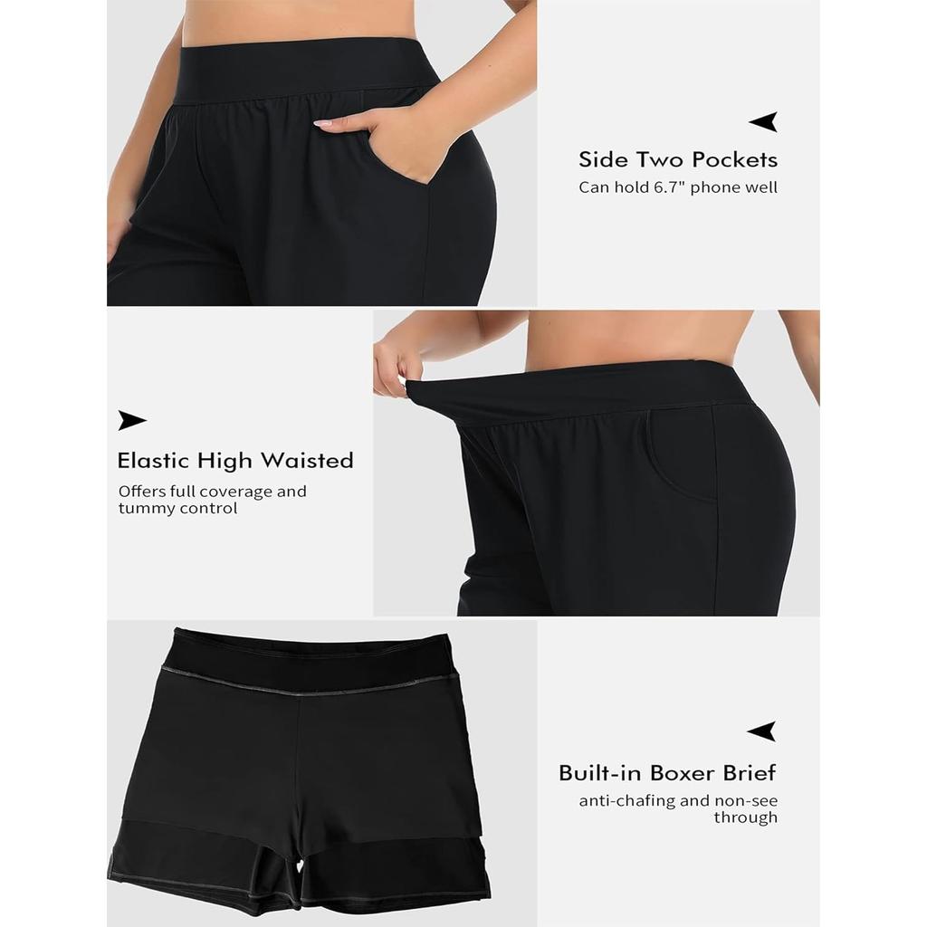 CHARMLEAKS Plus Size Swim Shorts for Women High Waisted Board Shorts Tankini Swimsuit Bottom with Pockets