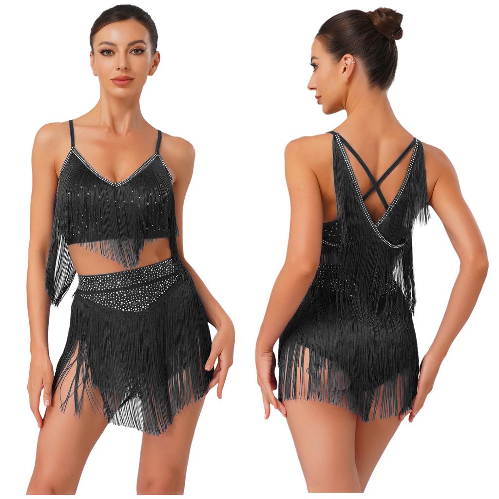 Costume da Danza Latina da Donna S-XXL: Top con Scollo a V Senza Maniche Incrociato sulla Schiena e Frange & Gonna a Strati con Nappe per Gara