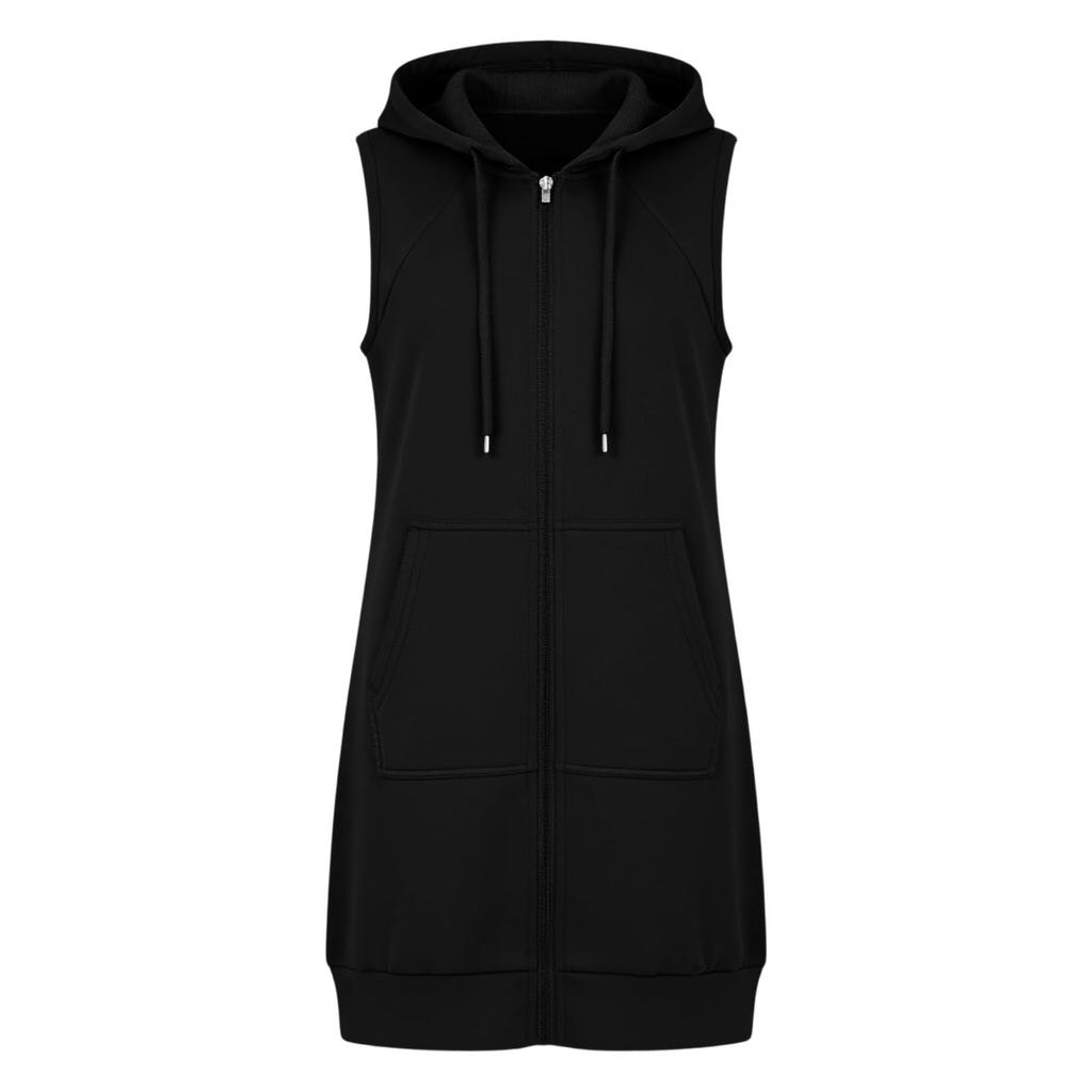 Women's Hooded Sleeveless Long Vest with Pockets - Color Loose Fit Casual Jacket
