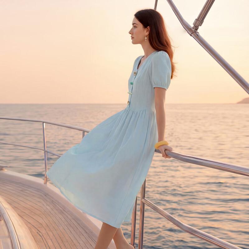 Sancai V-Neck Puff Sleeve A-Line Midi Dress