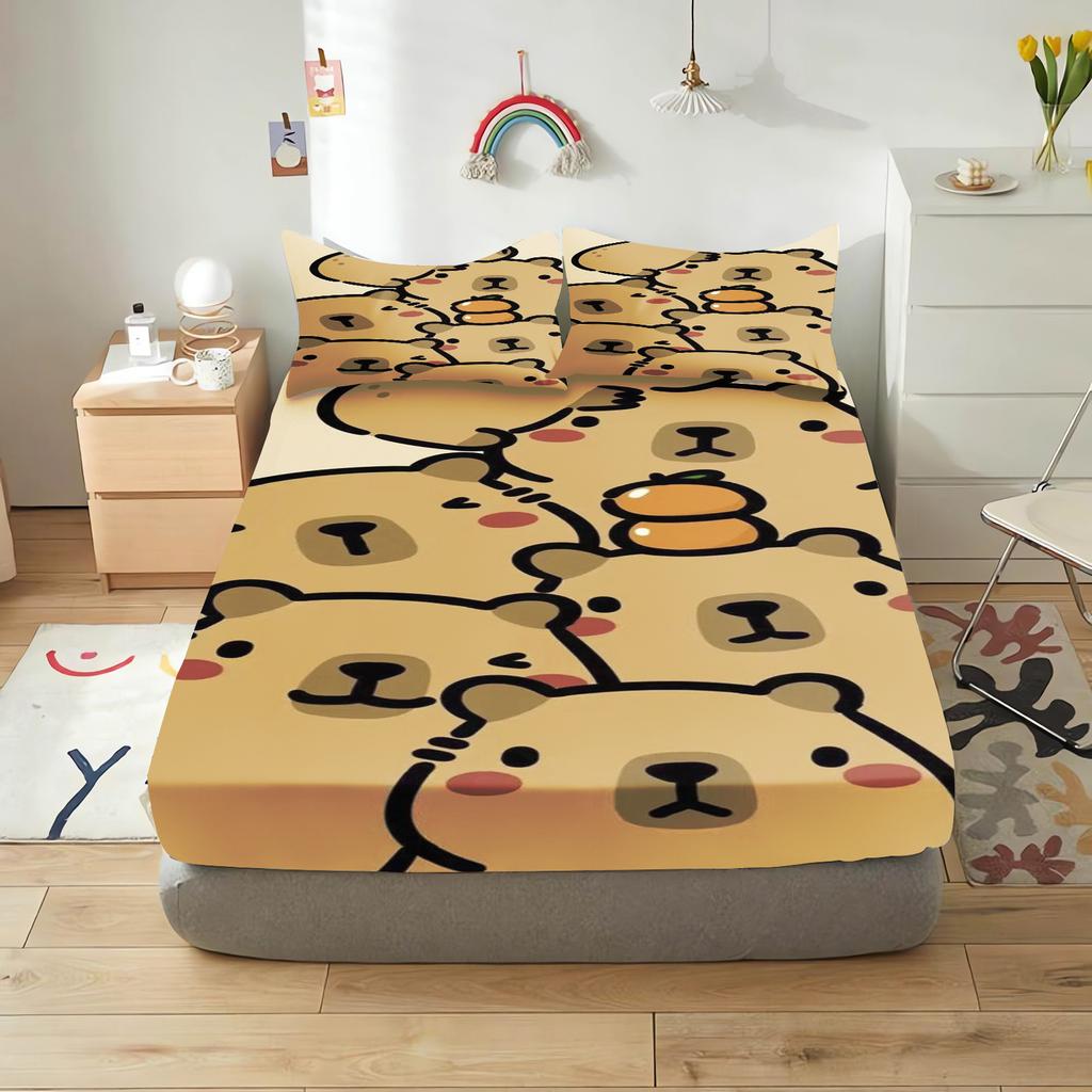 Capibara Cartoon Fitted Sheet For Children, Cute Digital Printing, Coverage, Baby Teenager With Sheets Cover, Elastic Bedding