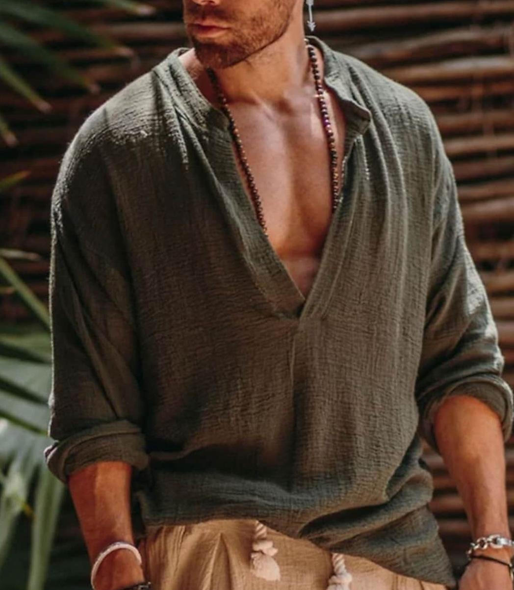 

Мужская льняная рубашка в стиле викингов, летняя пляжная одежда, с длинным рукавом, однотонная, с V-образным вырезом, для улицы, тонкая XXL зелёный