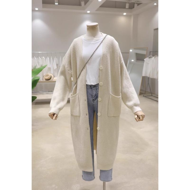 Premium autumn and winter knitted cardigan new loose medium and long thickened single-breasted V-neck sweater jacket women