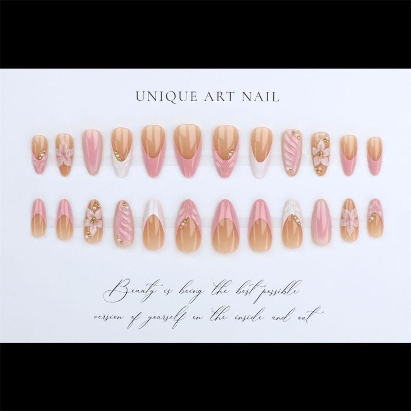3D Embossed Floral False Nail Pink Flower Pattern Press On Nail Instantly Application Wedding Banquet Elegant Manicure