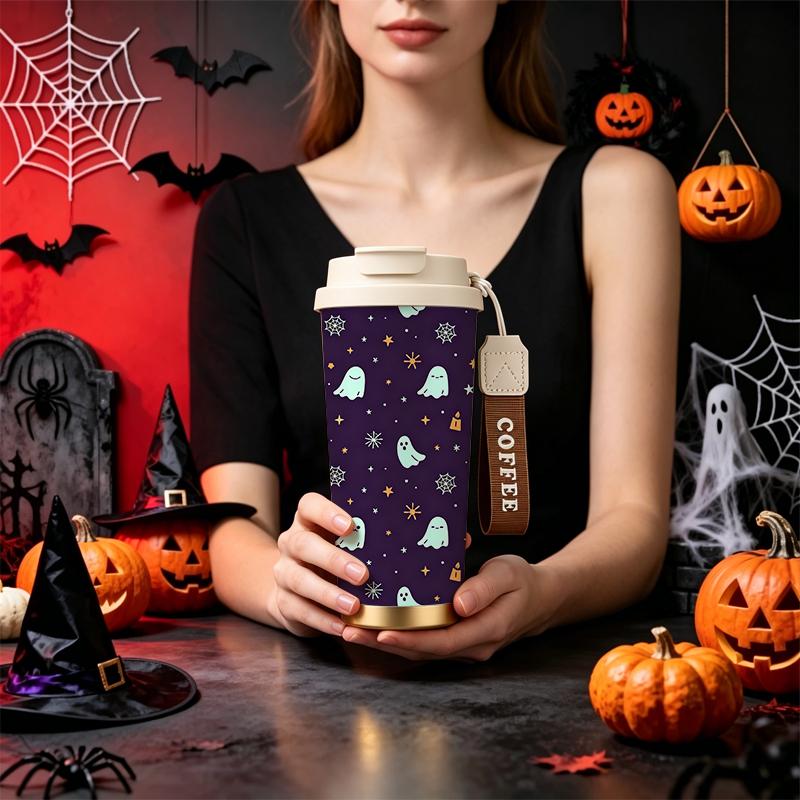 532ml Coffee Cup Halloween Ghost Crescent Bat Candle Star MotifFlip Lid Coffee Cup Autumn Commuter Cup Large Capacity Tea Cup 532ml Coffee Cup