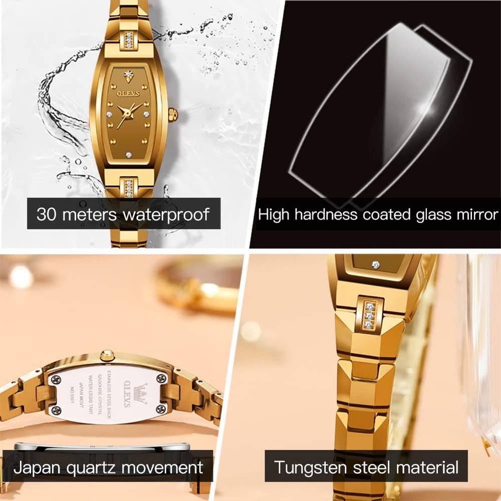 OLEVS Women's Slim Tonneau Watch Rose Gold Tungsten Steel Square Face Diamond Quartz 3 ATM Water Resistant Gift 5501