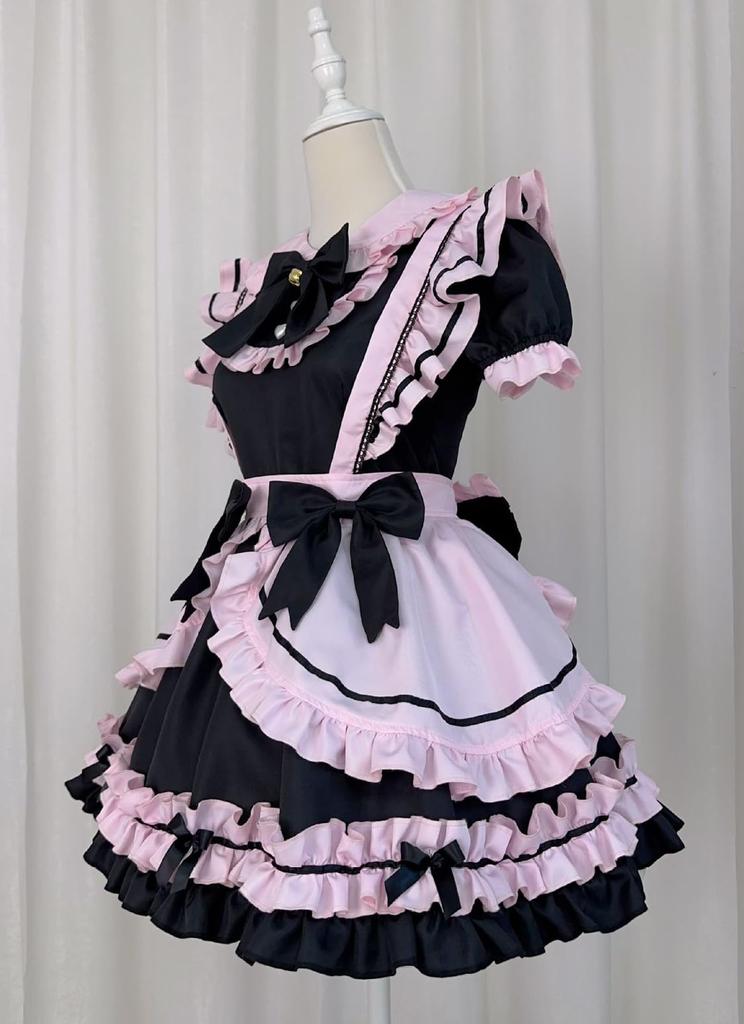 Maid Gothic Kellnerin Cosplay Kostüm mit Rüschen Lolita Ordentlich und Perfekt für Cafés und Vergnügungskurz Schwarz und Pink Ohrgröße [Shangki