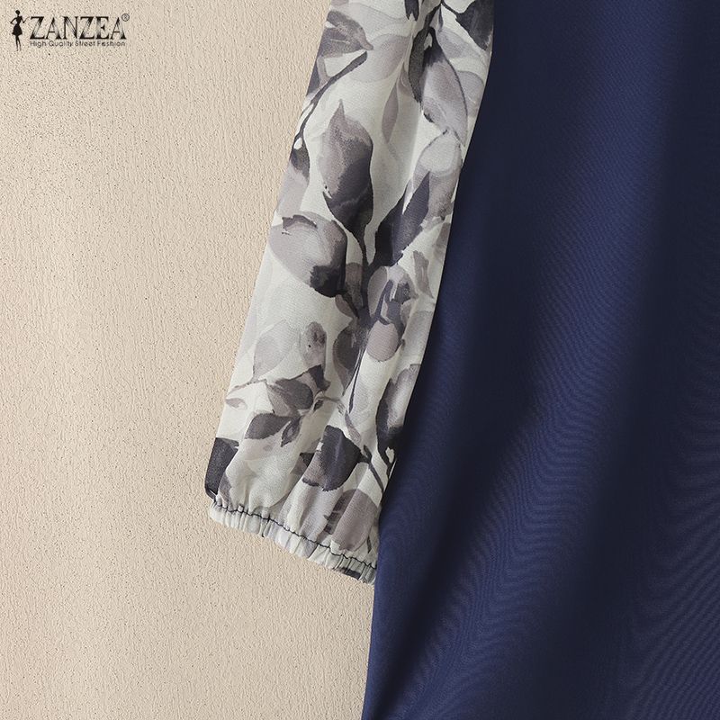 ZANZEA Women Bows Collar Casual Splice 3/4 Sleeve Loose Blouse