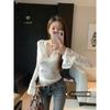 White Pure Desire Sexy Sexy V-neck Slightly Transparent Long Sleeves Lace Inner Match Shirt Women's Fall Slim Fit Bottoming Shirt Tops