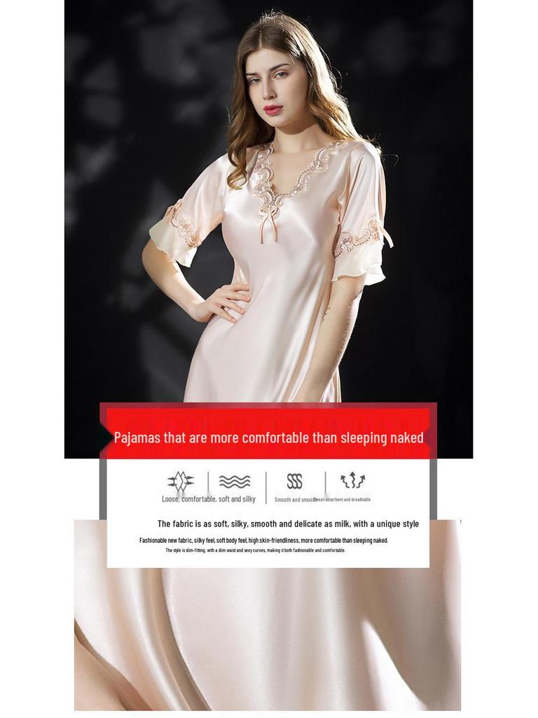 Women's Summer Ice Silk Pajamas - Sexy Short Sleeve Nightgown, Loose Fit, Plus Size