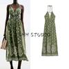 Summer Women's Hanging Collar Beaded Contrast Color Embroidered Printed Sling Length Midi Skirt Dress 3598912