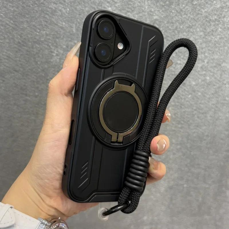 

New Armor For Magsafe Magnetic Ring Stand Phone Case For iPhone 16 15 14 13 12 11 Pro Max With Wrist Strap Cord Shockproof Cover For iphone 15Pro чёрный