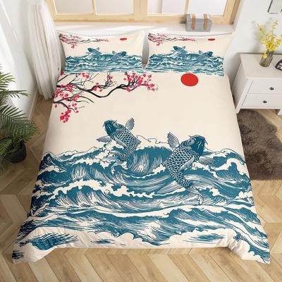 Japanese Style Bedding Set Twin Size Japanese Wave Comforter Cover Set Cherry Blossoms Ocean Wave Sunset Duvet Cover