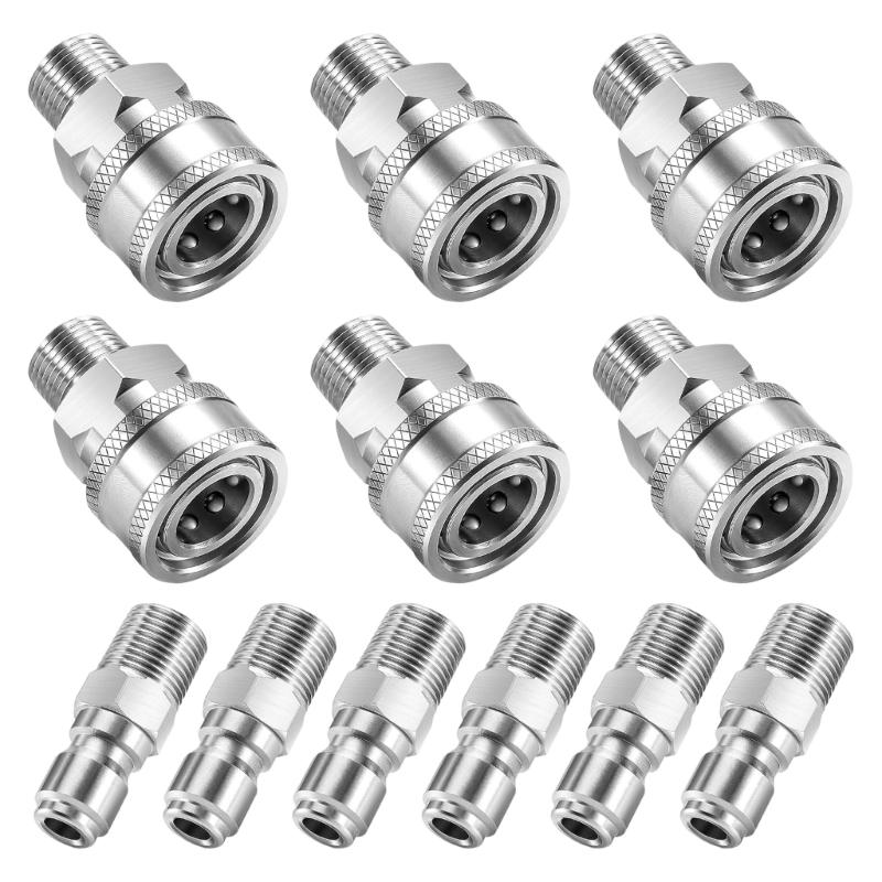 12Pcs Stainless Steel Quick Connecting Couplings 3/8Inch Thread Quick Coupler Plug Socket Connector Easy to Install