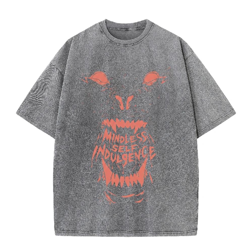 2026 Vintage Washed Black Demon Beast Face Graphic T Shirt Gothic Horror Print Oversized Casual Short Sleeve Tee