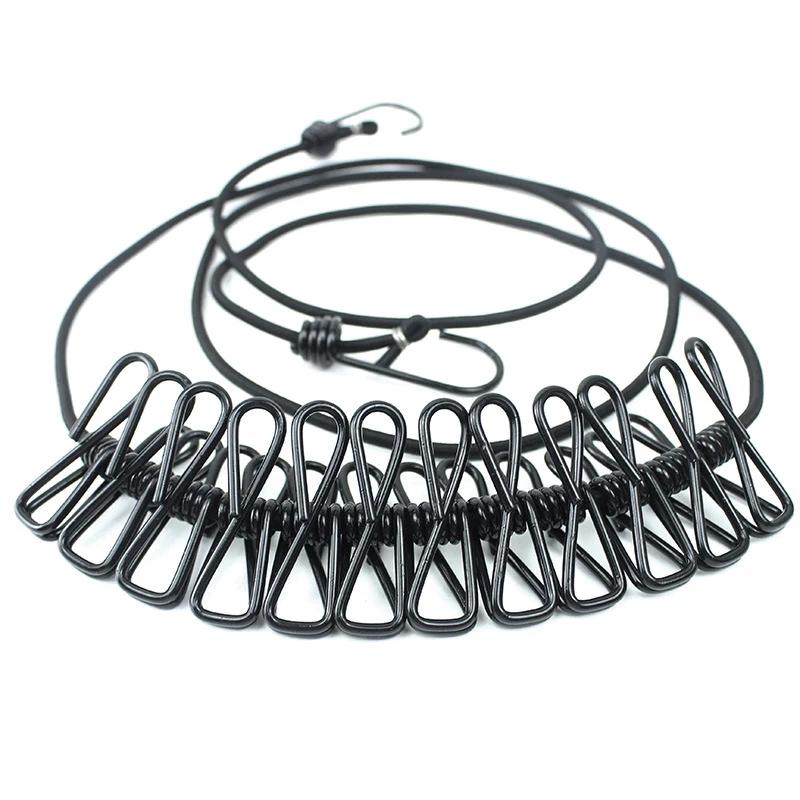 

Регулируемая выдвижная бельевая веревка длиной 1,8 м с 12 прищепками для стирки и кемпинга чёрный