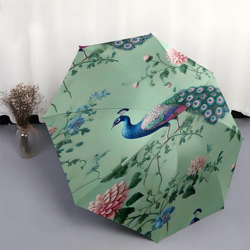 1PC Peacock Flowers Umbrella-8-Rib Reinforced, Automatic Open, Lightweight & Durable, Fashion Accessory for Outdoor, Beach L0331