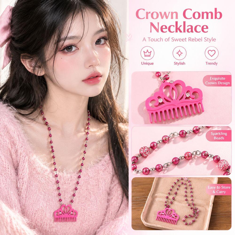 Long Chain Comb Pendant Necklace Rhinestone Decor Acetate Necklace For Girls