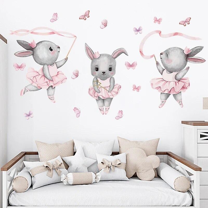 Cartoon Three Gray Rabbits Dancing Ballet Butterfly Wall Stickers for Kids Room Bedroom Nursery Home Decoration Wall Decal