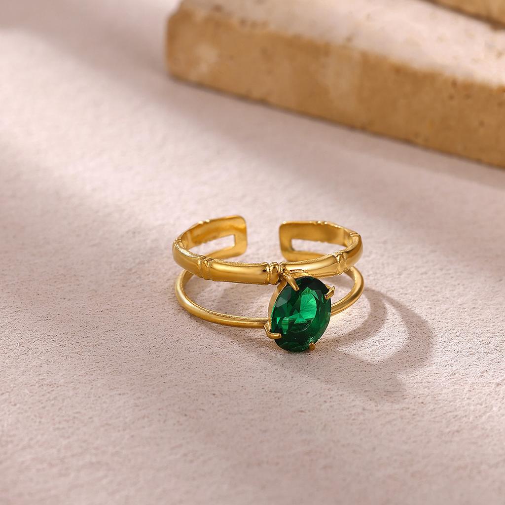 Vintage Romantic Green Stone Anillos Women Geometric Irregular Rings Stainless Steel Gold Color Waterproof Jewelry Elegant Party