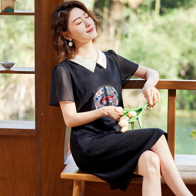 New Chinese Style Embroidered Chiffon Midi Dress