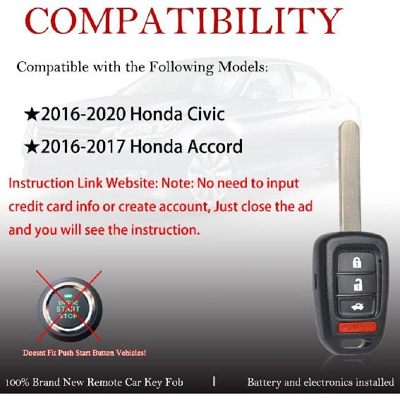 MechanMagic Key Fob Remote Replacement Fits for Honda Civic 2016 2017 2018  /Accord 2016 2017 MLBHLIK6-1TA Keyless Entry Remote Control Uncut 4