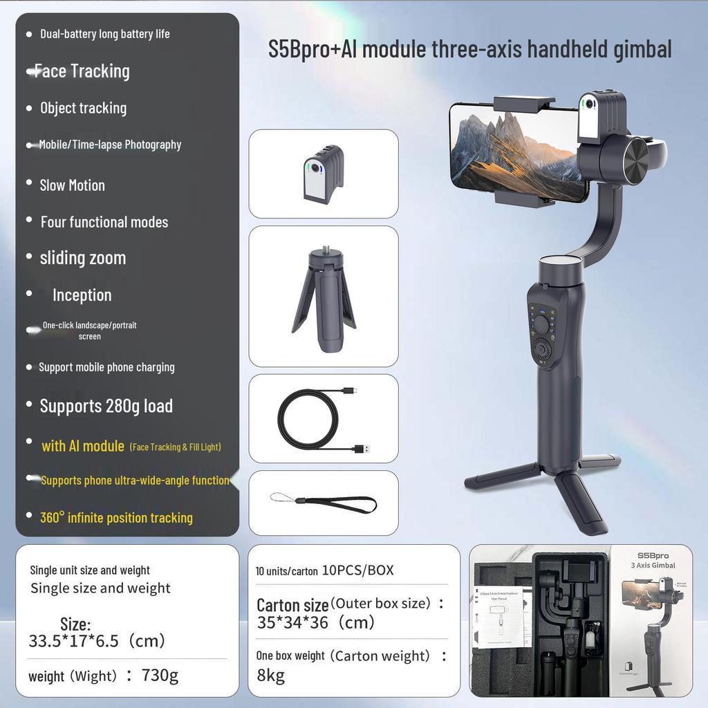 S5Bpro Three-Axis Phone Gimbal: Anti-shake, Live Streaming, Multi-function Stabilizer for Photography & Self-Timer.