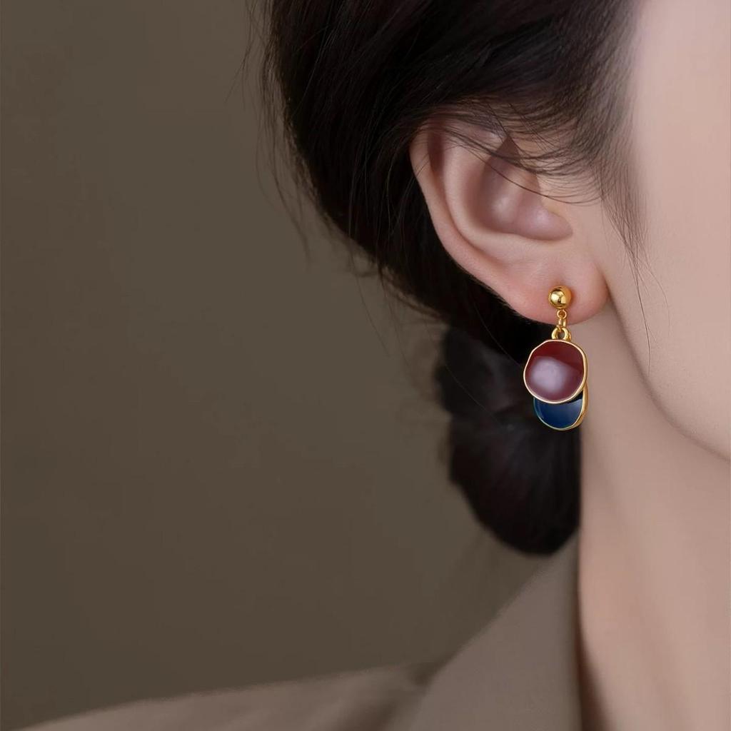 Maillard Rode & Blauwe Ronde Stud Oorbellen 2025 - Retro High-End Dames Hangende Oorbellen
