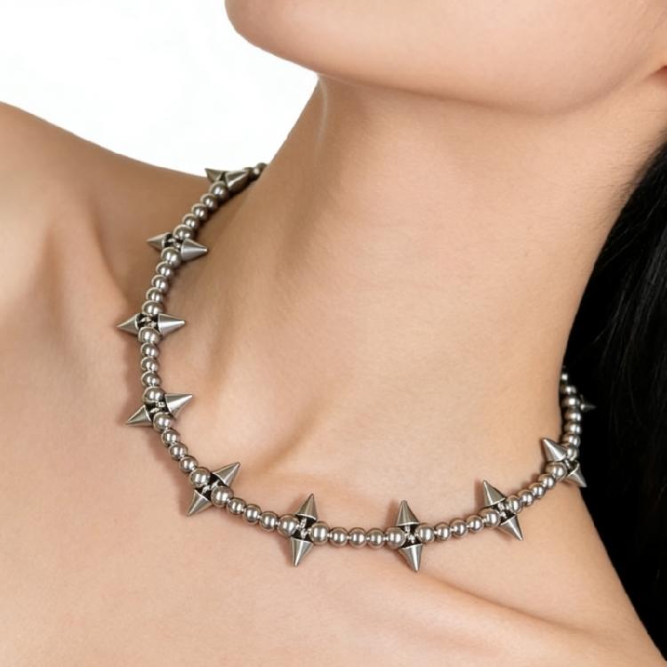 Titanium Steel Spiked Pendant Beads Necklace Featuring Steel Beaded Design for Fade Resistance and Chic Look