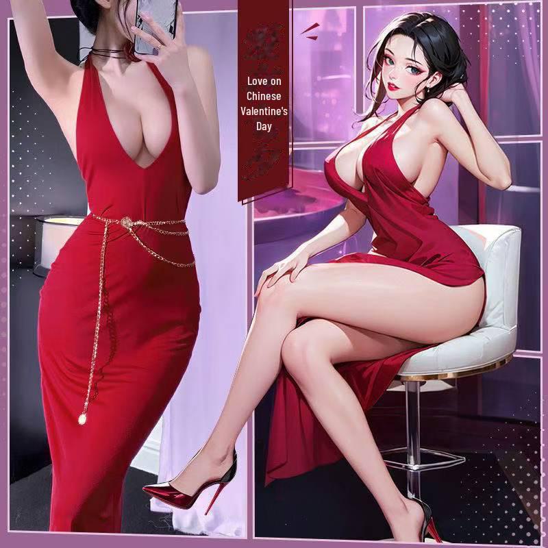 Rose Lady Sexy Backless Cheongsam Nightdress Lingerie Set