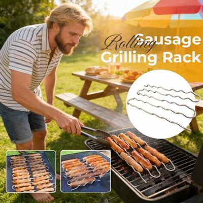 BBQ Sausage Roller Rack, Hot Dog Roller Grill, Stainless Steel Sausage Griller with 360° Rolling Design -Free Rack for Camping Outdoor Family Cookouts