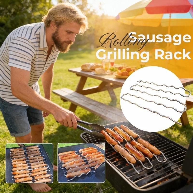 BBQ Sausage Roller Rack, Hot Dog Roller Grill, Stainless Steel Sausage Griller with 360° Rolling Design -Free Rack for Camping Outdoor Family Cookouts
