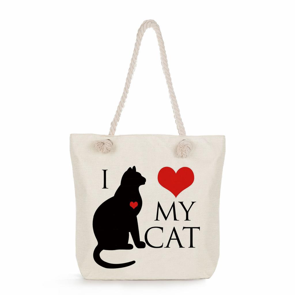 Cartoon cat print thick rope single-shoulder beach bag 7233