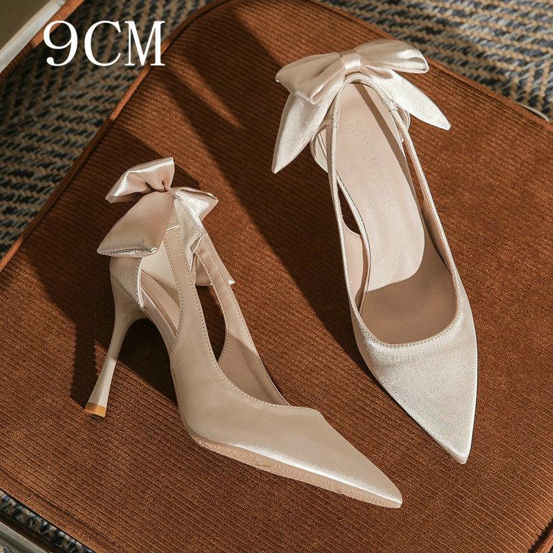 2024 Spring And Summer New White Pointy High Heels Ladies Thin Heel Single Shoes Butterfly Wedding Shoes Small Bride Shoes