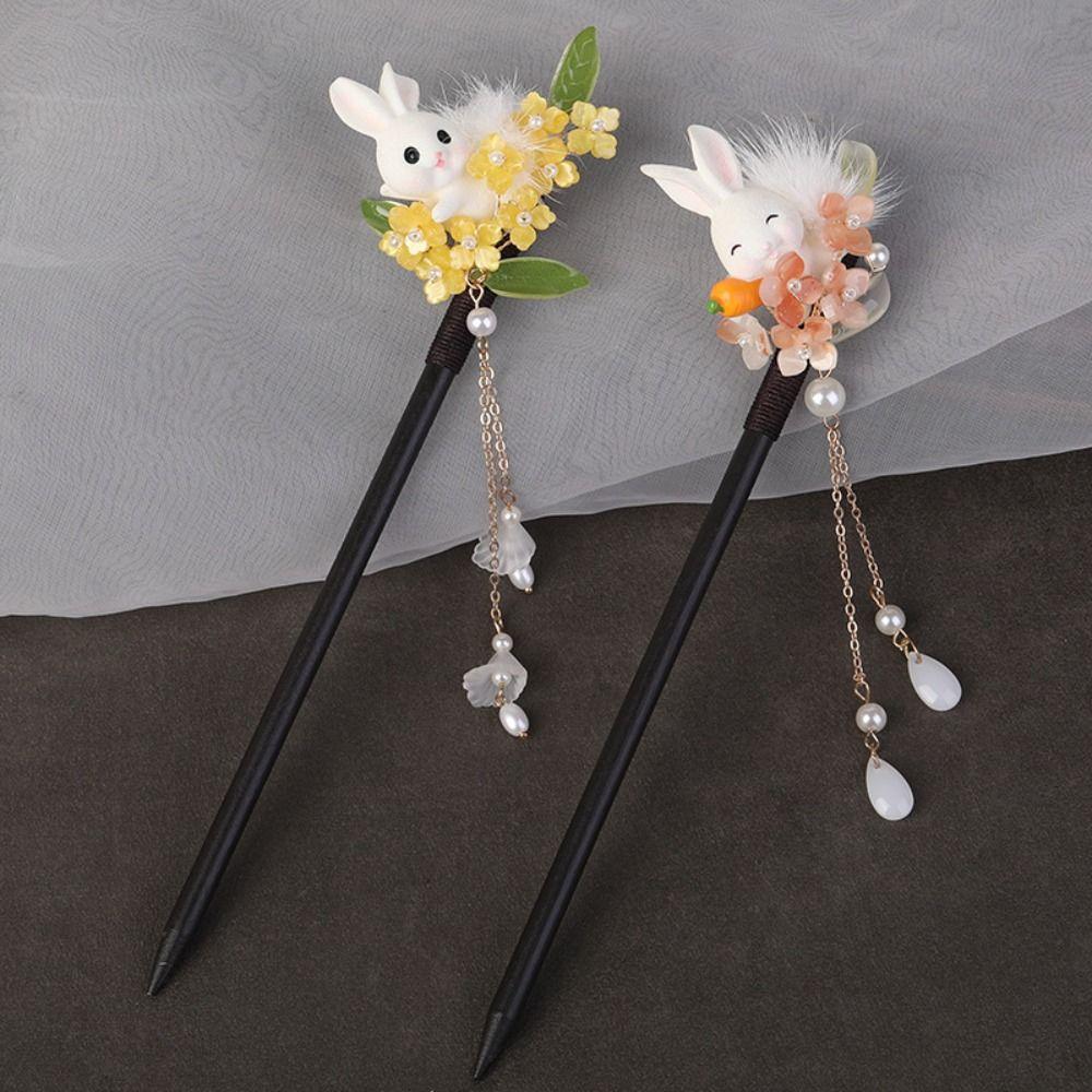 Flower Wooden Hair Stick Rabbit Hanfu Hairpin Antique   For Girl