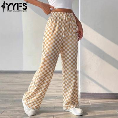 Pantaloni Capri da Donna alla Moda Casual con Stampa a Quadri a Vita Alta