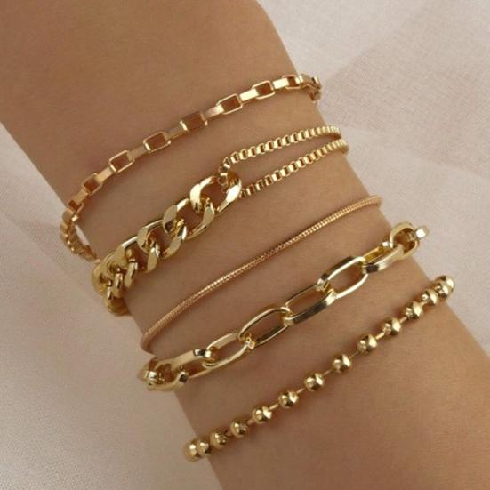 45783 Pcs/Set Women Stacking Bracelet Set Retro Hip Hop Style Snake Bone Chain Different Hollow Chain Adjustable Golden