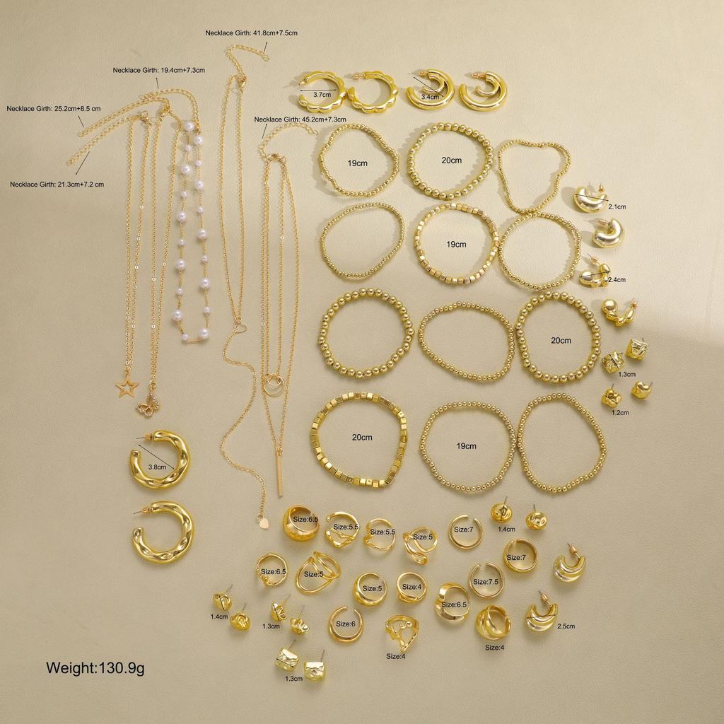 Elegant Vintage Jewelry Set for Women Gold Color Necklaces Earrings Irregular Rings Bead Bracelet Daily Wear Jewelry Gift No Box